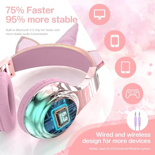 Elevate Your Child’s Listening Experience with Qear Fun Purple Cat Ear Bluetooth Headphones – 60 Hours of Playtime, Safe Volume Control (74/85/94 d B), Ultra-Portable Foldable Design, Advanced Bluetooth 5.3 Connectivity, and Built-in Mic for Girls – Perfect for School, Travel, and On-the-Go Fun