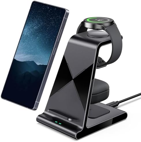 Ultra-Fast 3-in-1 Wireless Charging Dock for Samsung Galaxy Devices – Sleek Space-Saving Charger for Galaxy S25 Ultra, S24, S23, Note 20, Z Flip 6 & Fold 6 – Efficient Power Station for Galaxy Watch Ultra/7/6/5 & Galaxy Buds Pro with Overheat Protection and Modern Design for Home or Office