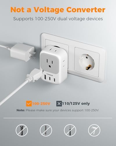 TESSAN Universal European Travel Power Adapter – 3 High-Speed USB Ports (2 USB-C) & 4 AC Outlets for Seamless Device Charging Across France, Germany, Spain, Greece & More – Compact Multi-Port Solution for Global Travelers – Ultimate Type E/F Plug Converter for Efficient Connectivity
