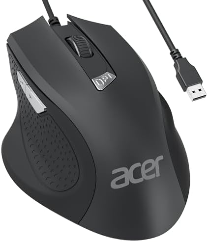 Acer Wired Mouse with 4 Customizable DPI Settings – Ergonomic USB Computer Mouse with 6 Buttons, 5-Foot Durable Cord – Perfect for Laptops, i Macs, and PCs – Superior Precision for Gaming and Daily Use
