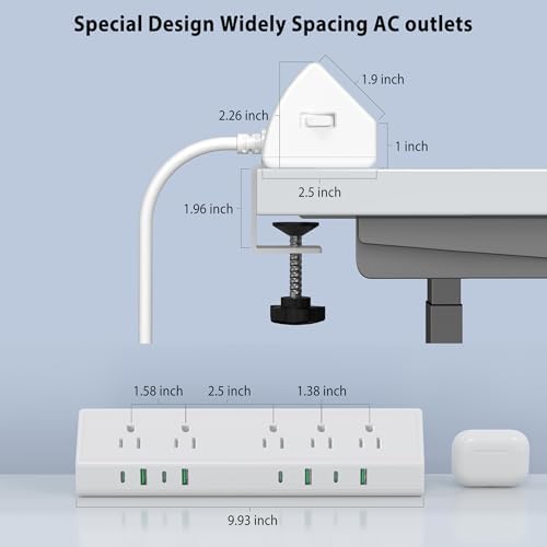 Maximize Efficiency with the 45 W Desk Clamp Charging Station – 4 PD USB-C Ports & 5 AC Outlets, ETL Listed Surge Protector for Ultimate Device Protection, 14 AWG Heavy-Duty Cord, Secure Fit for 1.9″ Tabletops (Black, 6 FT Cable) – Your All-in-One Power Solution for Home and Office