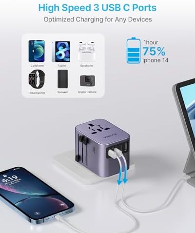 VINTAR Universal Travel Adapter: All-in-One Power Converter with 6 A Output, 3 USB-C and 2 USB Ports for Fast Global Charging Across Europe, UK, USA, and Australia – Essential Travel Accessory for Effortless Device Connectivity and Safety Features