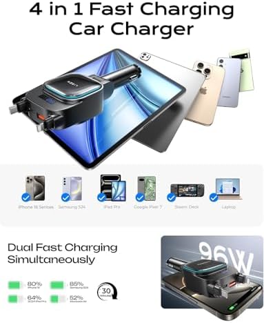 LISEN 2025 Upgraded 96 W Fast Charging Retractable Car Charger – 4-in-1 USB-C & Multi-Port Accessory for i Phone 16/15/14 – Sleek Jet Black Design with Enhanced Compatibility for Effortless On-the-Go Charging