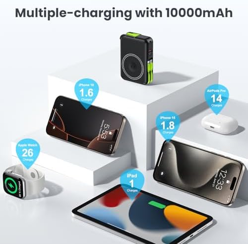 Revolutionary 3-in-1 Magnetic Wireless Power Bank – 10,000 m Ah Capacity with Built-in Cables and AC Plug – 22.5 W Fast Charging for i Phone 15/14/13/12, Apple Watch, and Air Pods – Ultimate Travel Companion for Seamless Device Charging