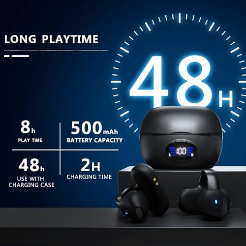 IHAO Bluetooth 5.3 Clip-On Sport Earbud Headphones – 80-Hour Playtime, Noise-Cancelling Hi-Fi Sound, IPX4 Waterproof, Secure Fit for Active Lifestyles, Perfect for Workouts and Leisure, Enhanced Connection Speed, Painless Wear – Black