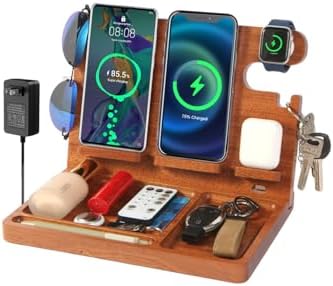 Sleek Wooden Nightstand Organizer with 4-in-1 Wireless Charging Station for i Phone & Android, Fast 27 W Charger for Apple Watch and Air Pods, Stylish Wallet & Key Holder – Perfect Gift for Men and Tech Lovers