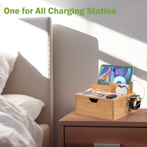 Pezin & Hulin Eco-Friendly Bamboo Multi-Device Charging Station: Elegant Nightstand Dock with Integrated Power Charger, USB Hub & Storage Drawer – Fast Charging for Phones & Tablets, Stylish Organizer for Modern Spaces