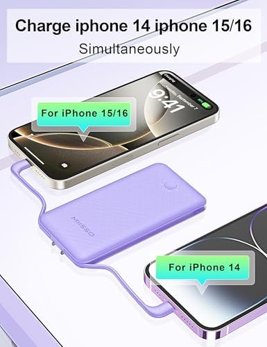 miisso Ultra Slim 10000 m Ah Portable Power Bank with Built-in Cables and Foldable Wall Plug – Compact USB-C Charger for i Phone, Samsung, i Pad & More – Perfect Travel Companion for On-the-Go Charging Efficiency