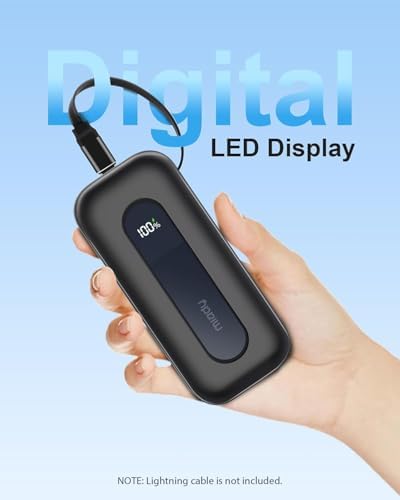 Miady 10000 m Ah PD 30 W Fast Charging Power Bank with Built-in 1.9 ft Retractable USB-C Cable and LED Display – Ultimate Compatibility for i Phone 16/15, Galaxy, Android, and i Pad Devices – Compact, Durable, and Travel-Friendly Battery Pack for On-the-Go Charging