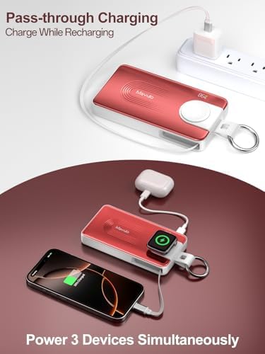 Mavulo Ultra-Fast Wireless Power Bank for Apple Devices – 10000 m Ah Portable Keychain Charger with Retractable USB-C Cable, 20 W Quick Charge Capability, LED Battery Indicator – Compatible with i Phone 15/16, i Pad, Air Pods Pro, and Apple Watch – Sleek Black Design for On-the-Go Power Solutions