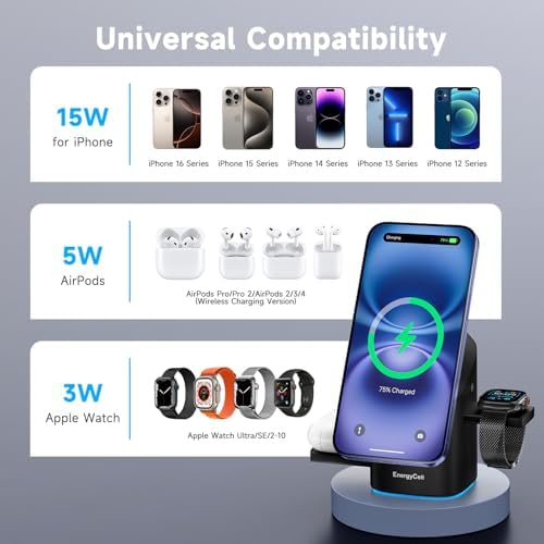 Revolutionary 3-in-1 Rotating Wireless Charger – Qi2 Certified 15 W Fast Charging Station for i Phone 16/15/14/13/12, Apple Watch & Air Pods – Enhanced Heat Management & Magnetic Alignment – Sleek Matte Design with Touch-Sensitive Stand and Ambient Night Light – Effortless Portrait/Landscape Mode for Seamless Use – Ultimate Charging Solution for All Your Apple Devices – Organized Desktop Power Hub with Smart IC Protection – Includes Power Adapter & USB-C Cable – Perfect for Home, Office, or Travel