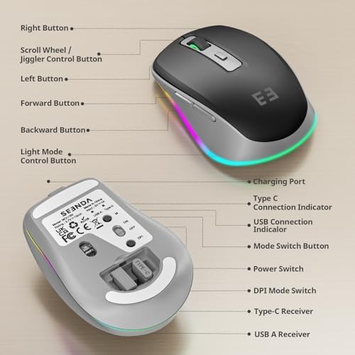 Illuminate Your Workspace with the seenda Light-Up Wireless Mouse Featuring Built-In Jiggler – USB-C & USB Receiver for Mac Book, i Pad, and Windows Devices – Ergonomic Design for Enhanced Comfort and Productivity