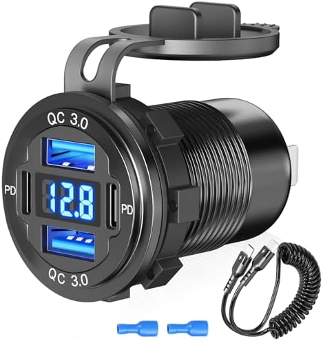 High-Power 12 V USB C Car Charger Socket with 4 Ports – Dual PD 30 W & QC 18 W for Fast Device Charging, Voltmeter Integration, Aluminum Waterproof Design, Ideal for RV, Boat, Truck, Motorcycle & More – Ultimate Travel Companion for Tech Enthusiasts