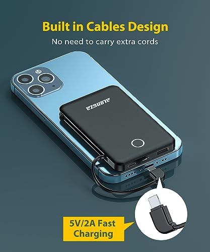 Compact 6000 m Ah Portable Power Bank with Built-in Cable – Lightweight Fast Charging External Battery for i Phone and Android – Ultimate Travel Companion for On-the-Go Charging Efficiency