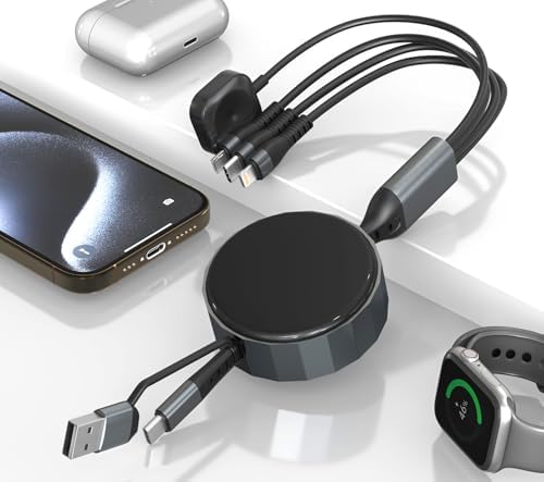 Ultimate 4-in-1 Retractable Charging Cable for Apple Watch – 100 W Fast Charging Solution with Lightning, Micro USB, Type C, and i Watch Ports for i Phone 16/15 & Galaxy Android – Compact, Tangle-Free Design for Effortless Portability and Versatile Power Management