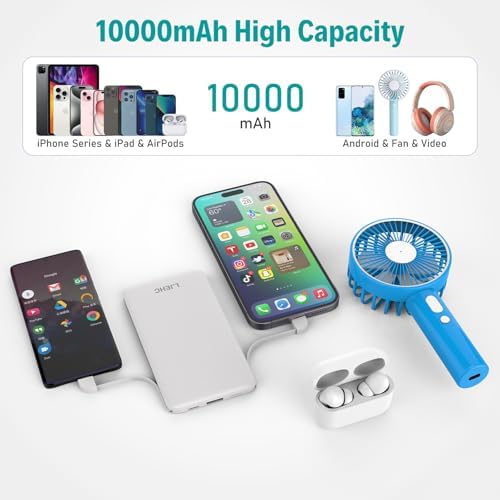 Ultra-Slim 10,000 m Ah Portable Power Bank with Integrated Charging Cables – Lightweight Multi-Device USB Type C Fast Charger for i Phone, Samsung, Android, and More – Ideal Travel Companion for Seamless Power on the Go