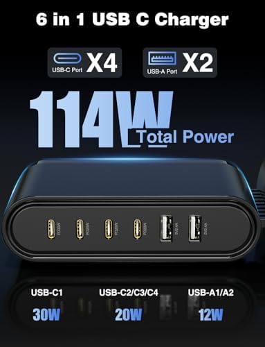 Revolutionize Your Charging Routine with the Essri 114 W 6-Port Ga N USB-C Hub – High-Speed Power Adapter Featuring 4 PD 3.0 & 2 USB-A Ports, Ideal for i Phone Pro Max and Samsung Android Devices, Includes 2 x 3 Ft USB-C Cables for Immediate Connectivity – Compact, Efficient Design for Home, Office, or Travel Use