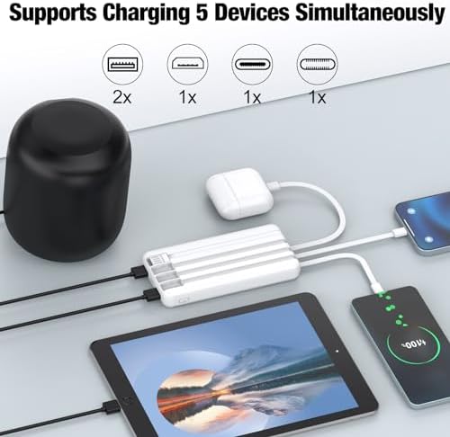 Ultimate Portable Charger with Built-in Cables – 10,000 m Ah High-Speed Power Bank for On-the-Go Charging – 5 Outputs & 3 Inputs – Sleek Purple Travel Battery Pack for i Phone, Samsung, i Pad, Tablets – Enhanced Durability & Convenience