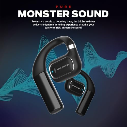 Experience Ultimate Audio Freedom with Monster Clarity Air 2.0 Open Ear Wireless Earbuds – Revolutionary Air Conduction Technology for Enhanced Situational Awareness, 28-Hour Battery Life, Effortless Touch Controls, High-Definition Microphone for Crystal-Clear Calls, Ultra-Lightweight Ergonomic Design Ideal for Fitness and Outdoor Adventures, Compatible with All Devices