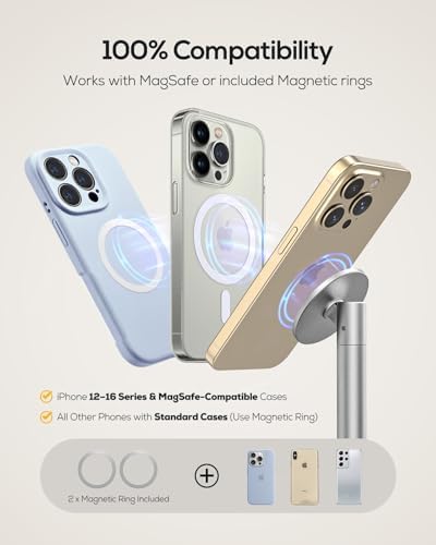 Nulaxy Premium Magnetic Aluminum Phone Stand with Dual Metal Rings – 360-Degree Rotating Adjustable Holder for Desk and Office – Universal Compatibility with Mag Safe Cases – Sleek Gray Design for Enhanced Productivity and Convenience