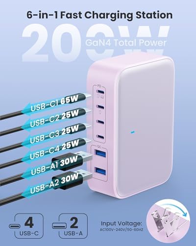 200 W USB C Charging Hub with 6 Ports – Ga N IV Foldable Wall Charger for Rapid Device Power-Up, PD 65 W Laptop Charger for Mac Book Pro, Dell, i Phone 16/15, i Pad, Galaxy & Steam Deck – Compact & Travel-Friendly Fast Charging Solution