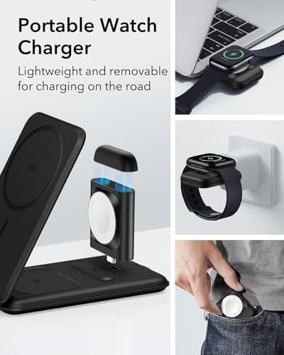 ESR Qi2 All-in-One 3-in-1 Charging Station for Apple Devices – Fast 15 W Mag Safe Charger, Certified Apple Watch & Air Pods Power Hub, Ideal Travel Companion for i Phone 16/15/14/13/12 Series, Sleek Black Design with Travel Bag Included – Maximizing Efficiency and Style