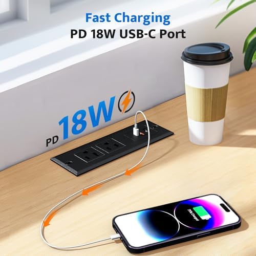 DOACE Space-Saving Recessed Power Strip with USB-C Fast Charging – Dual AC Outlets & Three USB Ports, 6 ft Cord for Effortless Connectivity in Home & Conference Settings – Clutter-Free, Efficient Power Solution for Modern Workspaces