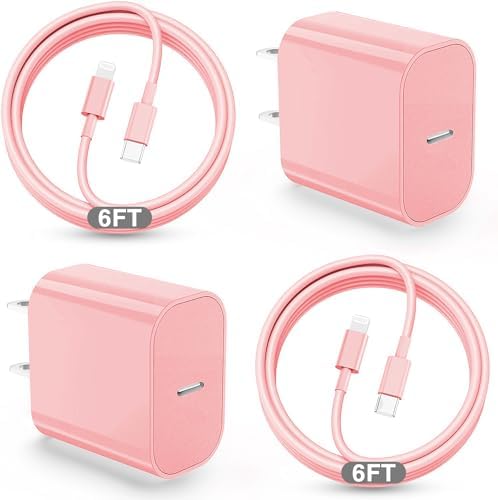 Ultra-Fast 20 W i Phone Charger with 10 ft USB C to Lightning Cable – Stylish Pink Fast Charging Block for i Phone 14 Pro Max, 13, 12, 11, XS, SE, i Pads & Air Pods – Unmatched Compatibility & Durability for On-the-Go Power