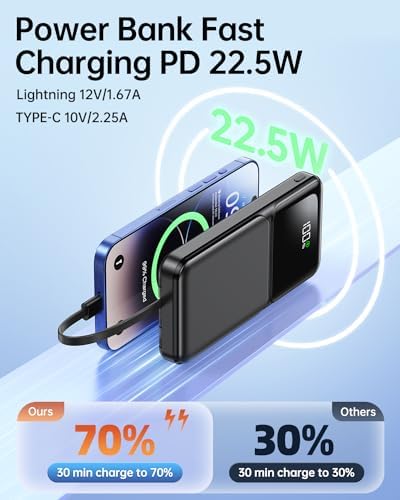 Ultra-Slim 10,000 m Ah Portable Power Bank with Built-in Cable – Fast Charging USB-C Travel Charger for i Phone, Samsung, Android & i Pad – Essential Battery Pack with Enhanced Compatibility and LED Indicator