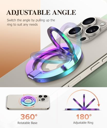 GVIEWIN Magnetic Phone Ring Holder, Compatible with MagSafe Phone Grip with Adjustable Stand, Magnet Phone Ring Kickstand for iPhone 16 Pro Max/Plus/15/14/13/12 Series/Other Phones (Purple) – Enhanced Compatibility and Speed