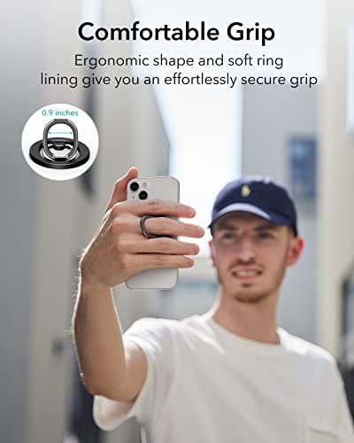 Magnetic Phone Ring Holder with 2-Way Adjustable Stand for i Phone and Galaxy – ESR Halo Lock Grip for Enhanced Stability, Secure Comfort, and Effortless Wireless Charging – Premium Zinc-Alloy Design, 1,200 g Magnetic Hold, Versatile Portrait/Landscape Viewing – Ideal for Caseless Phones and Mag Safe Cases – Black Finish for Modern Aesthetics