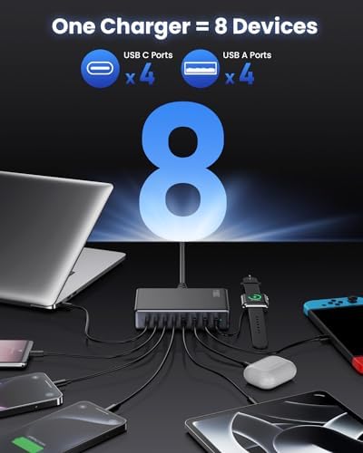 200 W Ga N IV USB-C Charging Hub: 8-Port Fast Charging Station with PD 65 W for Laptops, i Phones, i Pads, and Steam Deck – Compact & Efficient Power Adapter in Striking Red for Ultimate Device Versatility
