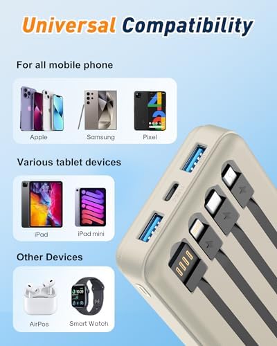 BEESHOP Ultra High-Capacity 37000 m Ah Portable Power Bank – All-in-One Fast Charging Solution with 4 Integrated Cables, 22.5 W Quick Charge for i Phone 16, 15, 14, 13 & Android Devices – Essential Travel Companion for Maximum Device Compatibility and Efficiency