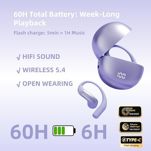 Stylish Open Ear Bluetooth Earbuds for Active Women – 60 Hours Playtime, Advanced BT5.4 Technology, Deep Bass 14.2 mm Drivers, Secure Earhook Design, IPX5 Waterproof for Ultimate Performance and Comfort in Vibrant Purple – Perfect for Workouts and Everyday Listening