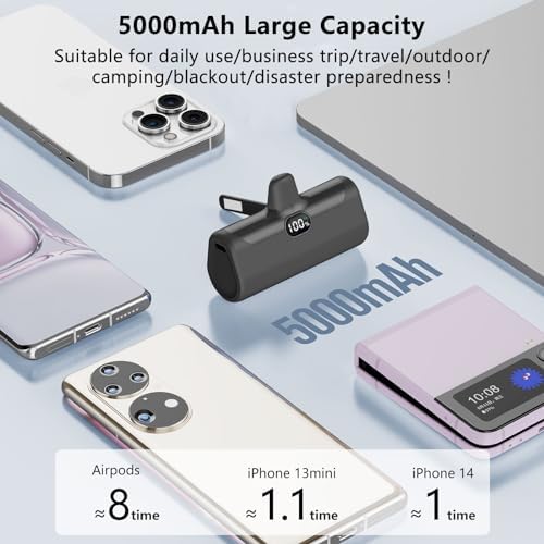 LUCKYDUO Ultra-Compact 5000 m Ah Portable Power Bank with Built-In Phone Holder & LED Light for i Phone – Essential Travel Charger with LCD Battery Indicator, Compatible with i Phone 14/13/12/11/XR/SE/8/7 Pro Max – Stay Charged Anywhere