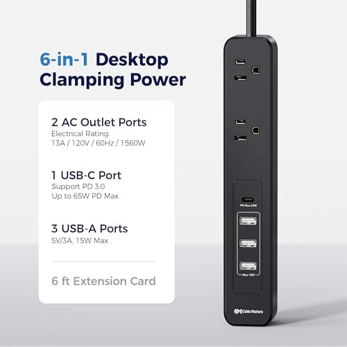 Maximize Workspace Efficiency with Cable Matters Ga N Desk Clamp Power Strip – 65 W USB-C, 3 USB-A Ports & 2 AC Outlets – Secure, ETL Listed Power Solution for Laptops, Tablets & Smartphones – 6 ft Cord for Versatile Setup – Sleek Black Design for Modern Aesthetics