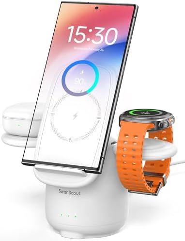 3-in-1 Fast Wireless Charging Station for Samsung Galaxy S25/S24/S23/S22 & More – Compact Multi-Device Charger for Galaxy Watch7/Ultra/6/5 & Galaxy Buds 3/Pro – Enhanced Safety Features & Sleek Design for Effortless Power Management