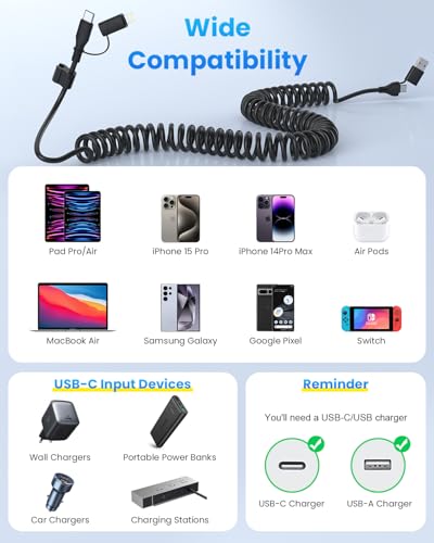 4-in-1 Retractable Lightning & USB-C Charging Cable – 60 W Fast Charge Compatible with i Phone 6-16, Perfect for Car Play and On-the-Go Power Solutions, Durable Coiled Design, 4 FT Tangle-Free Cable for Effortless Charging and Ultimate Convenience in Black