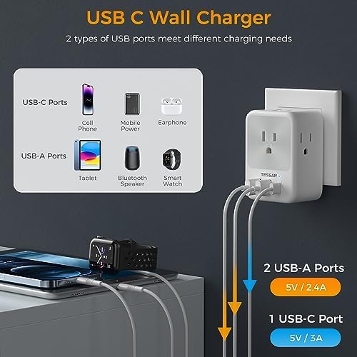TESSAN Universal Travel Outlet Adapter: 2-Prong to 3-Prong Converter with 4 AC Outlets & 3 USB Ports (1 USB-C) – Essential Power Solution for Global Travelers in Japan, Canada, Mexico, Philippines & China – Maximize Device Charging Efficiency While Ensuring Safety & Compatibility