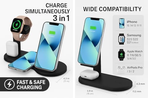 3-in-1 Wireless Charging Station for Multi-Device Convenience – Fast Qi Charger for i Phone, Samsung & More – Sleek Black Design for Home & Travel – Ultimate Solution to Eliminate Clutter and Ensure Device Readiness