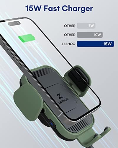 Zee Hoo 15 W Fast Wireless Car Charger with Auto-Clamping Phone Holder – Effortless One-Handed Operation for i Phone 15/14/13/12/11 Pro Max, Qi-Enabled Charging Mount in Sleek Black for Optimal Driving Convenience and Seamless Integration