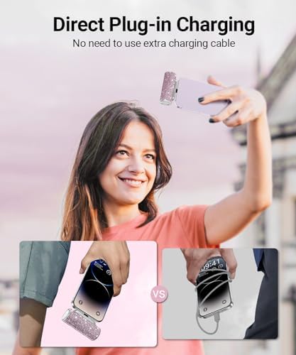 Sleek Shiny Pink Mini Power Bank with Built-in Lightning Connector – 4500 m Ah Compact Charger for i Phone 14/13/12/11/XR/8/SE Series – Stylish Glitter Battery Pack for Effortless On-the-Go Charging and Enhanced Compatibility