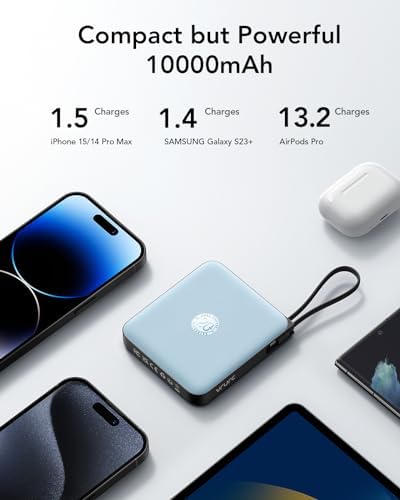 VRURC 10,000 m Ah USB C Portable Charger – Fast Charging Power Bank with Built-in Cable for i Phone 16/15/14, Galaxy S23/S22, Google Pixel & More – Lightweight Green Design for Ultimate Mobility and Reliability