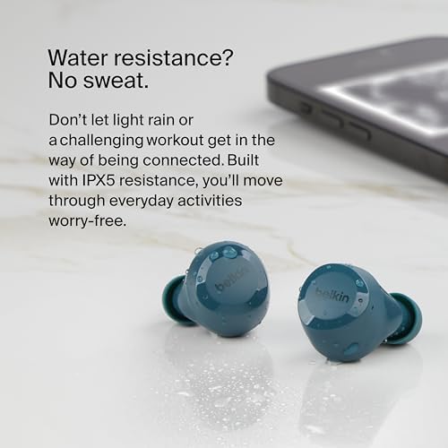 Belkin Sound Form Bolt True Wireless Earbuds – Unmatched 28-Hour Battery Life, IPX4 Water & Sweat Resistance, Effortless Wireless Charging, USB-C Compatibility – Stylish Teal Earbuds for Active Lifestyles and Superior Audio Quality