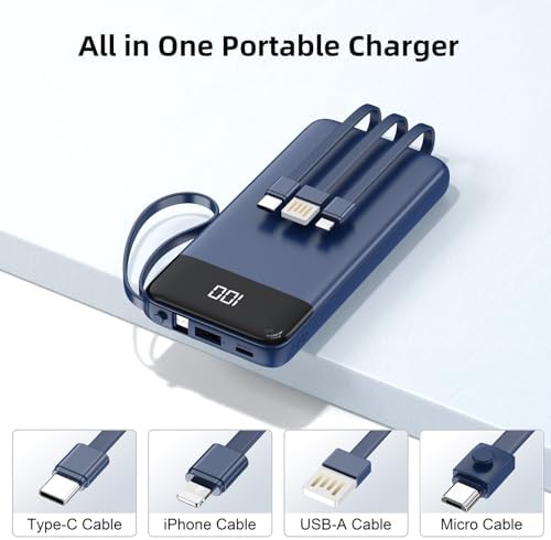 Ultimate 10000 m Ah Portable Power Bank with Built-in Charging Cable and LED Power Indicator – Travel-Ready External Battery Pack for i Phone 16/15, Samsung S22, and Android Devices – Unmatched Compatibility and Rapid Charging for On-the-Go Lifestyles