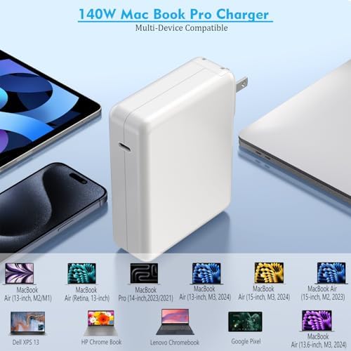 High-Speed 140 W USB-C Charger for Mac Book Pro & All USB-C Devices – 10 ft MFI-Certified Charging Cable – Ultra-Fast Power Adapter for Laptops, Tablets & Smartphones – Reliable, Safe & Efficient Solution with 30,000 Bends Durability – Perfect for Home, Office & Travel Charging Needs – Rapid Charge Your Mac Book Pro 16/15/14/13, Mac Book Air, i Pad Pro M1/M2/M3 & More – Versatile Compatibility Ensuring Optimal Performance Across Devices – Maximize Charging Efficiency with Up to 96% Efficiency Rate – Built-in IC Chip for Comprehensive Safety Protection Against Over-Current, Short-Circuit & Over-Voltage – Experience the Ultimate Charging Convenience Anywhere You Go