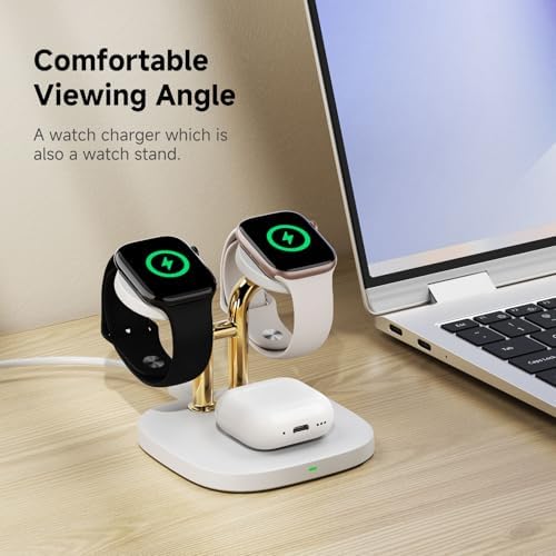 Revolutionize Your Charging Routine with the Swan Scout 3-in-1 Wireless Charging Station – Fast Dual Charger for Apple Watch Ultra 2/10/9 & Air Pods Pro 2/3/2 in Elegant White and Silver – Compact Design, Rapid Power Boosts, and Enhanced Safety Features for Modern Living