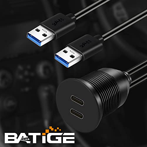 BATIGE Waterproof Dual Port USB-C 3.1 Flush Mount Cable for Vehicles – 3 ft Male to Female Extension for Car, Truck, Boat, and Motorcycle – High-Speed Data Transfer and Charging Solution with Sleek Design and Enhanced Durability