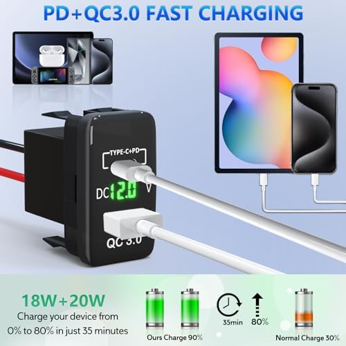 Qidoe Dual USB C Car Charger for Toyota: Fast Charging with QC3.0 & PD3.0, LED Voltmeter & Type C Cable – Perfect for FJ Cruiser, Tundra, 4 Runner & Hilux (2003-2006, 2005-2014), Elevate Your Driving Experience with Enhanced Compatibility and Speed