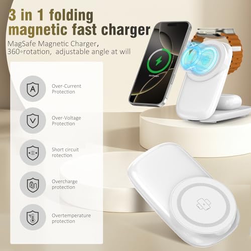 Ultimate 3-in-1 Foldable Wireless Charging Station for Apple Devices – Fast Max Charging for i Phone 16/15/14/13/12 Pro Max, Apple Watch Series 10-3 & Air Pods Pro/4/3 – Compact Travel Design with Smart Protection Features for Effortless Device Management – Silent Operation for Undisturbed Environments – Includes 20 W PD Adapter & USB-C Cable – Perfect for Home or Office Use